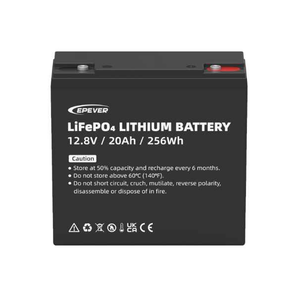 12.8V 20Ah LiFePO4 Lithium Battery, EPEVER LiFePO4 lithium battery, 12.8V 20Ah (256Wh) pack with top positive and negative terminals