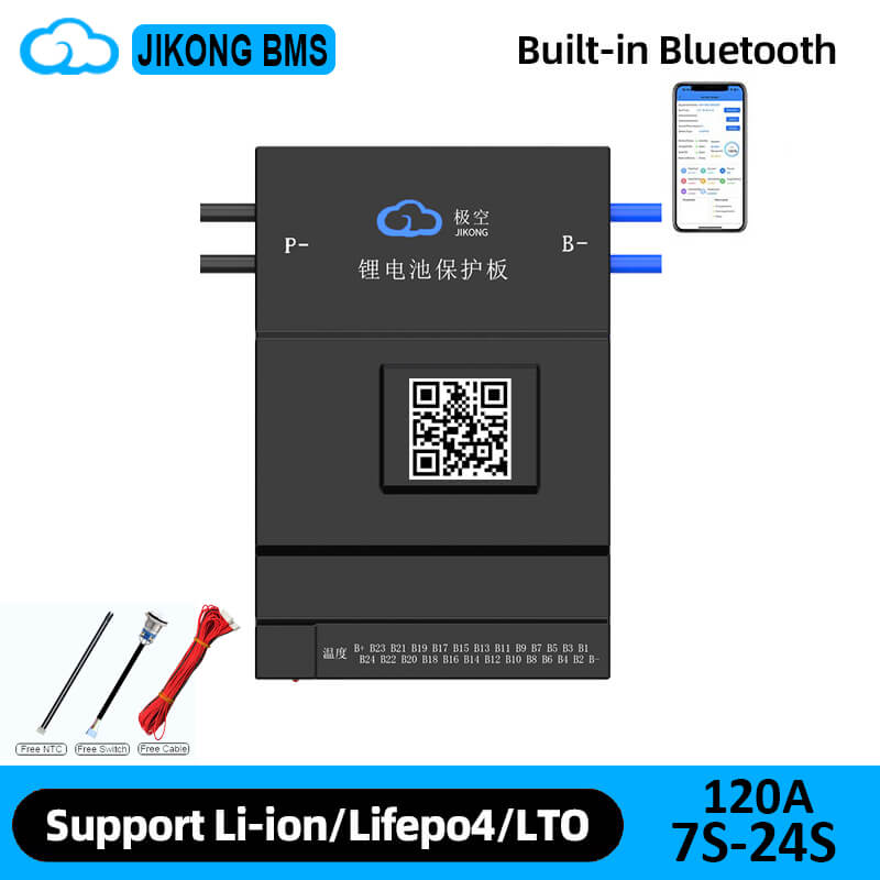 Jikong BMS graphic showing built-in Bluetooth app screen, included cables, and 120A 7S–24S text