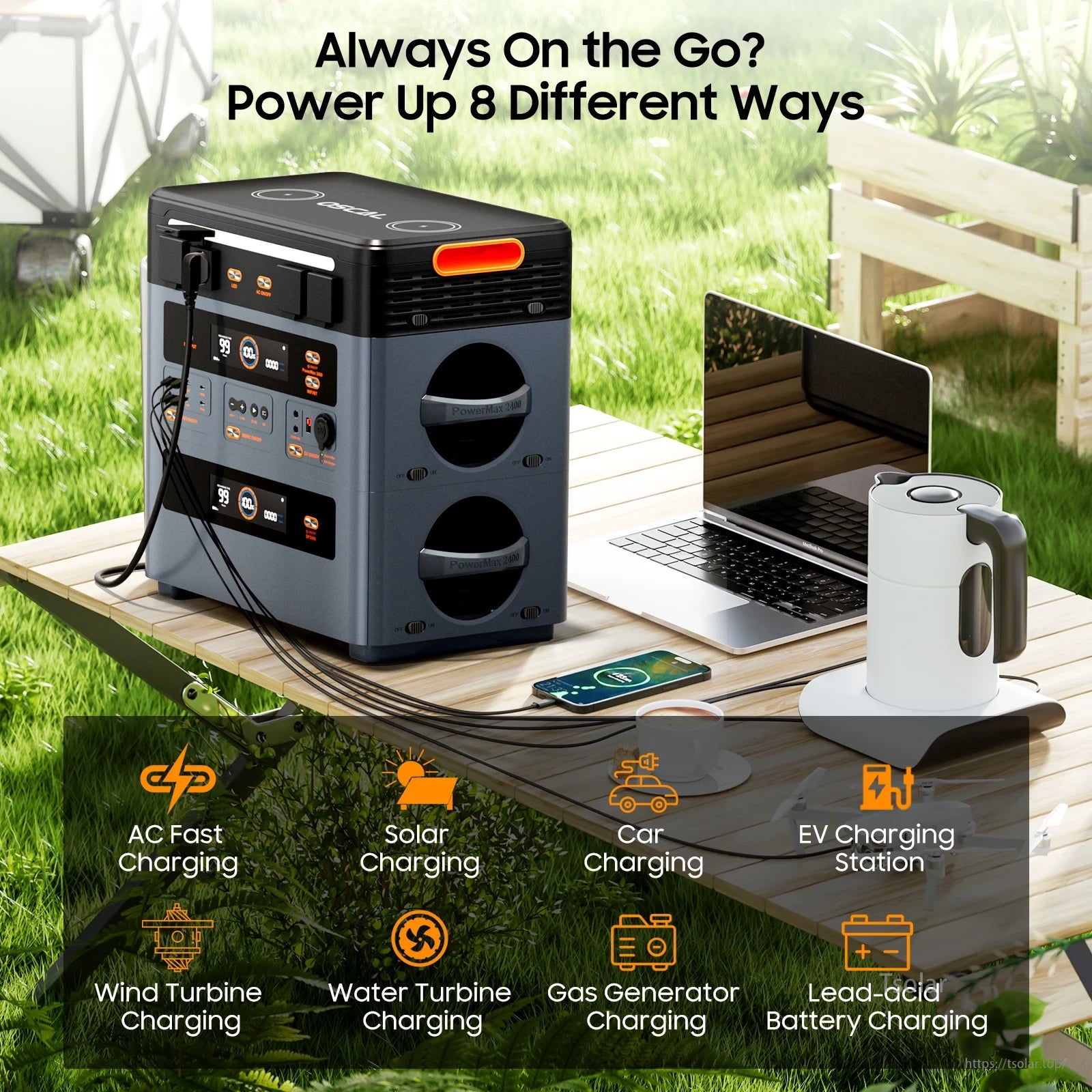 The OSCAL BP2400 LiFePO4 Battery supports eight charging methods: AC, solar, car, EV, wind, water, gas generator, and lead-acid battery.