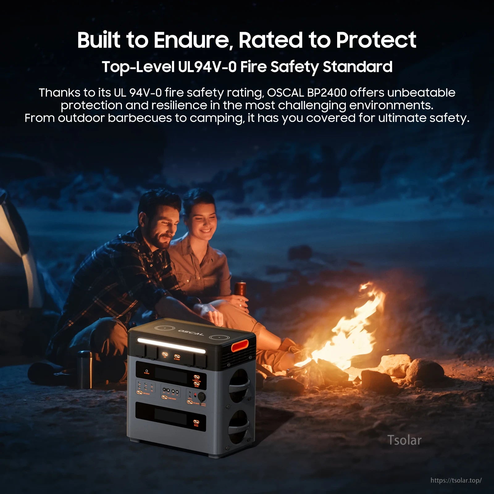 The OSCAL BP2400 LiFePO4 battery is UL94V-0 rated for safety, durable in harsh conditions, and ideal for outdoor activities like camping and barbecues.