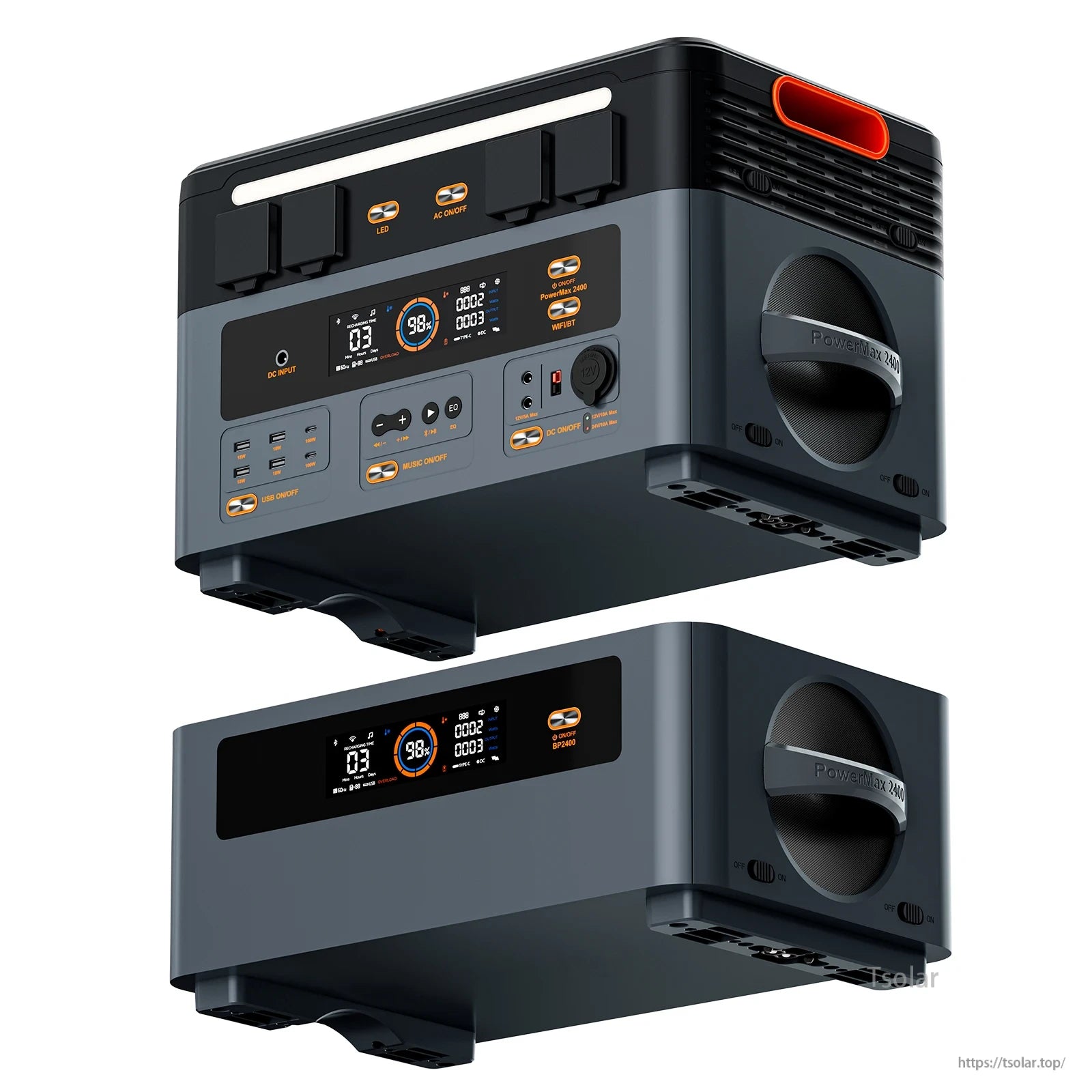 The OSCAL BP2400 LiFePO4 battery features a digital display, multiple ports, built-in speaker, controls for various functions, and a handle for portability, offering versatile, real-time monitored power.