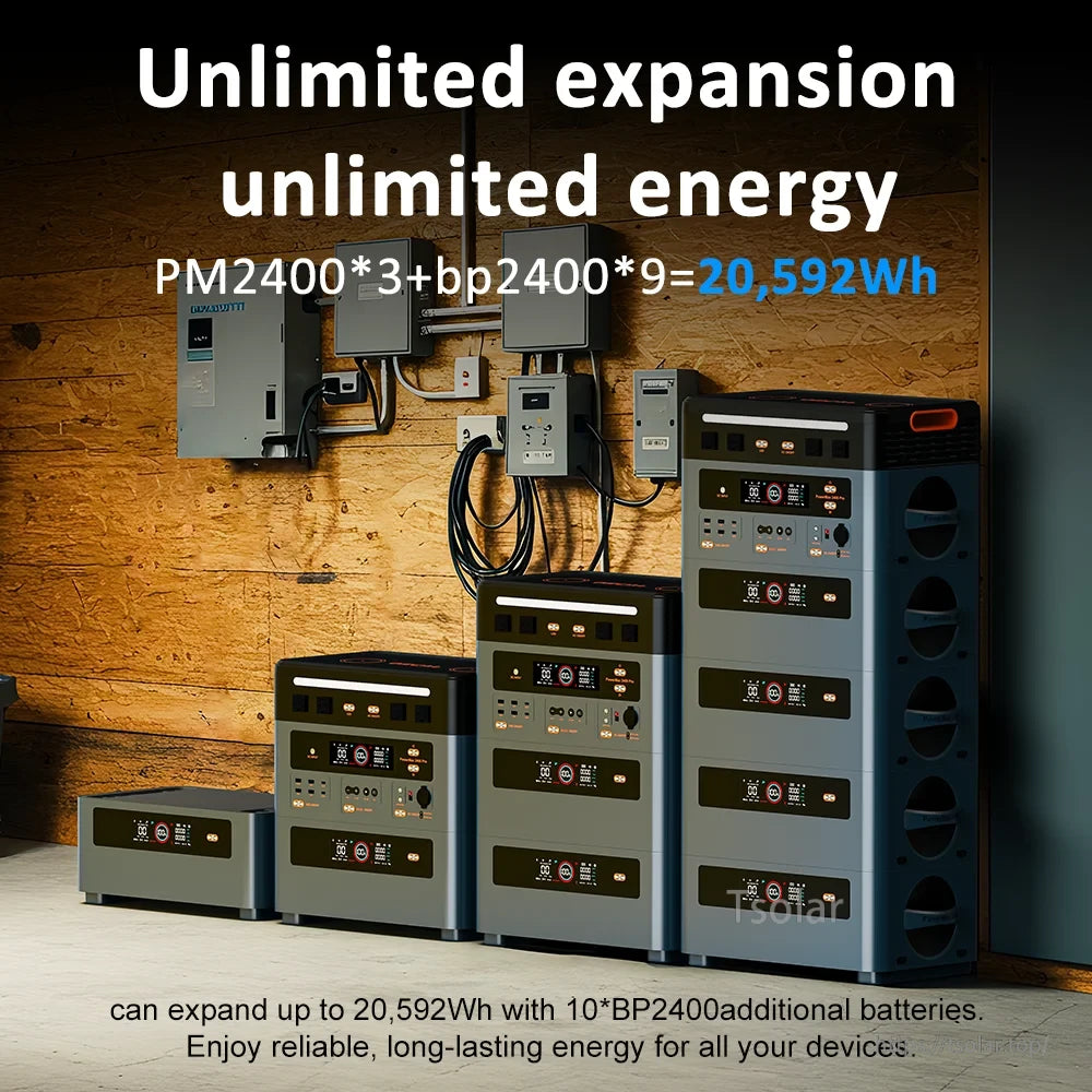 OSCAL Portable Power Station, Expandable power system with up to 20,592Wh capacity using 10 BP2400 batteries, providing reliable, long-lasting energy for all devices.