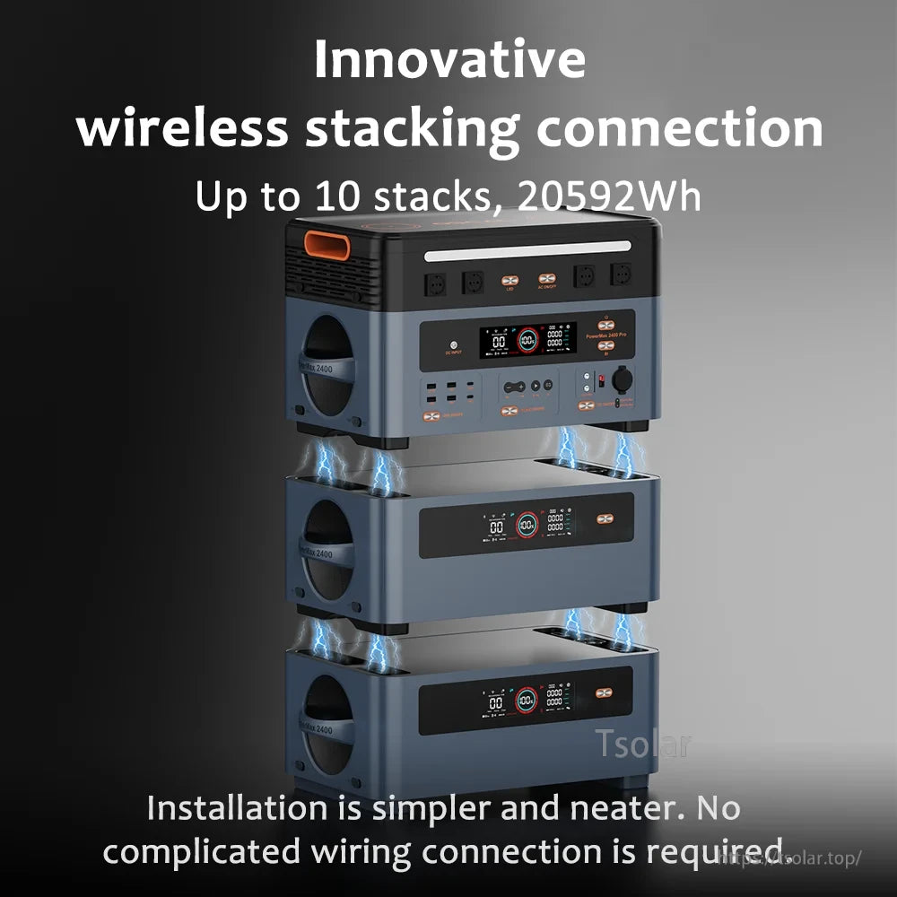 OSCAL Portable Power Station, Wireless stacking for up to 10 units, 20592Wh capacity. Easy installation with no wiring required.