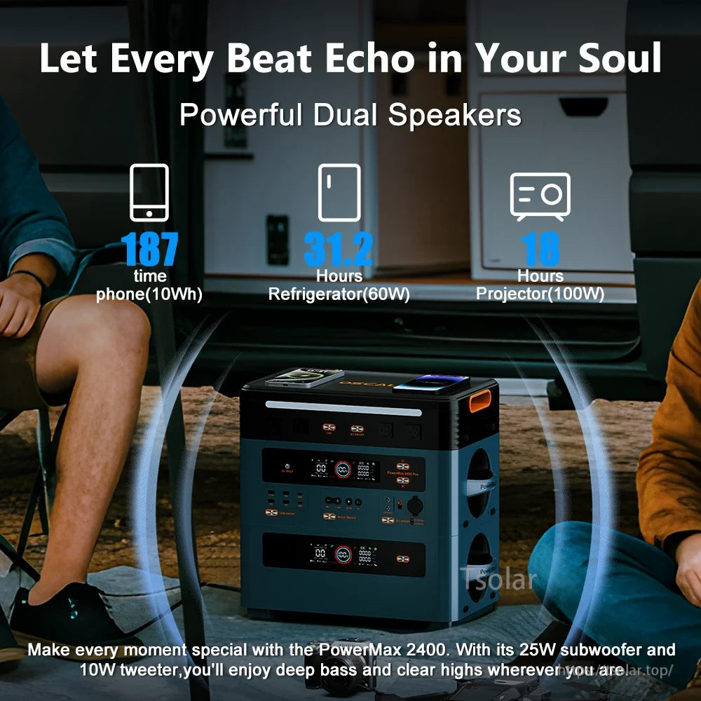OSCAL Portable Power Station, PowerMax 2400 features dual speakers, 25W subwoofer, 10W tweeter, deep bass, clear highs, powers phone 187 times, runs fridge 31.2 hours, projector 18 hours.