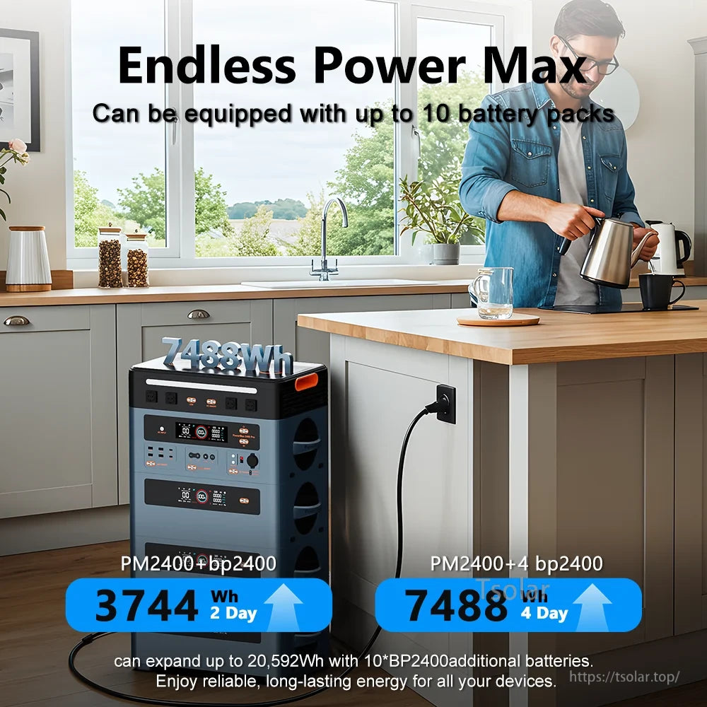 OSCAL Portable Power Station, Endless Power Max supports up to 10 battery packs, providing 3744Wh to 20,592Wh of reliable, expandable power for extended use.
