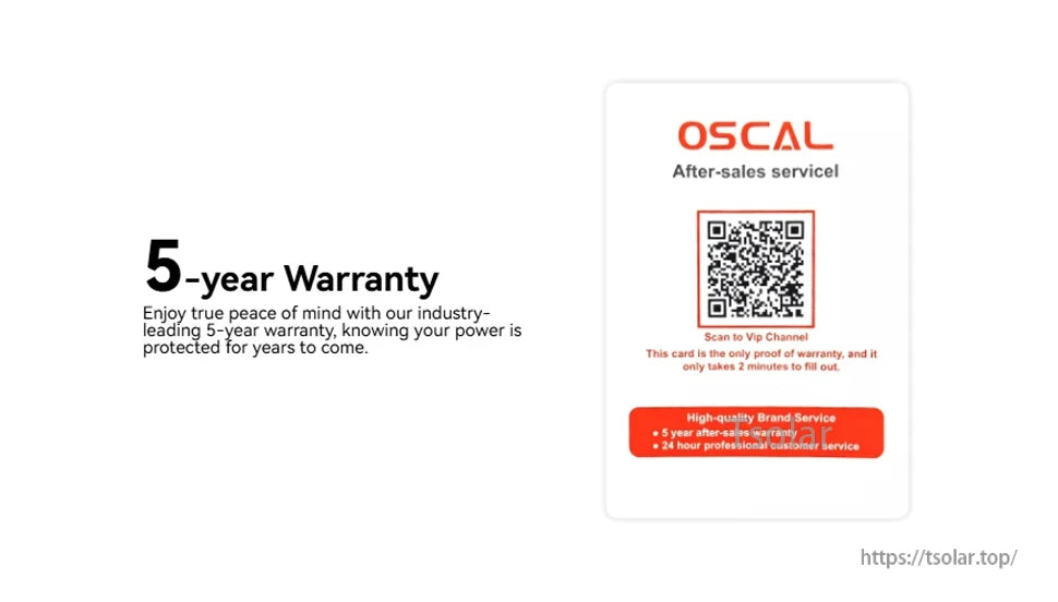 OSCAL PowerMax 1800 Portable Power Station, OSCAL offers a 5-year warranty, 24/7 support, and VIP service via QR code—quick activation ensures lasting protection and trusted durability. (24 words)