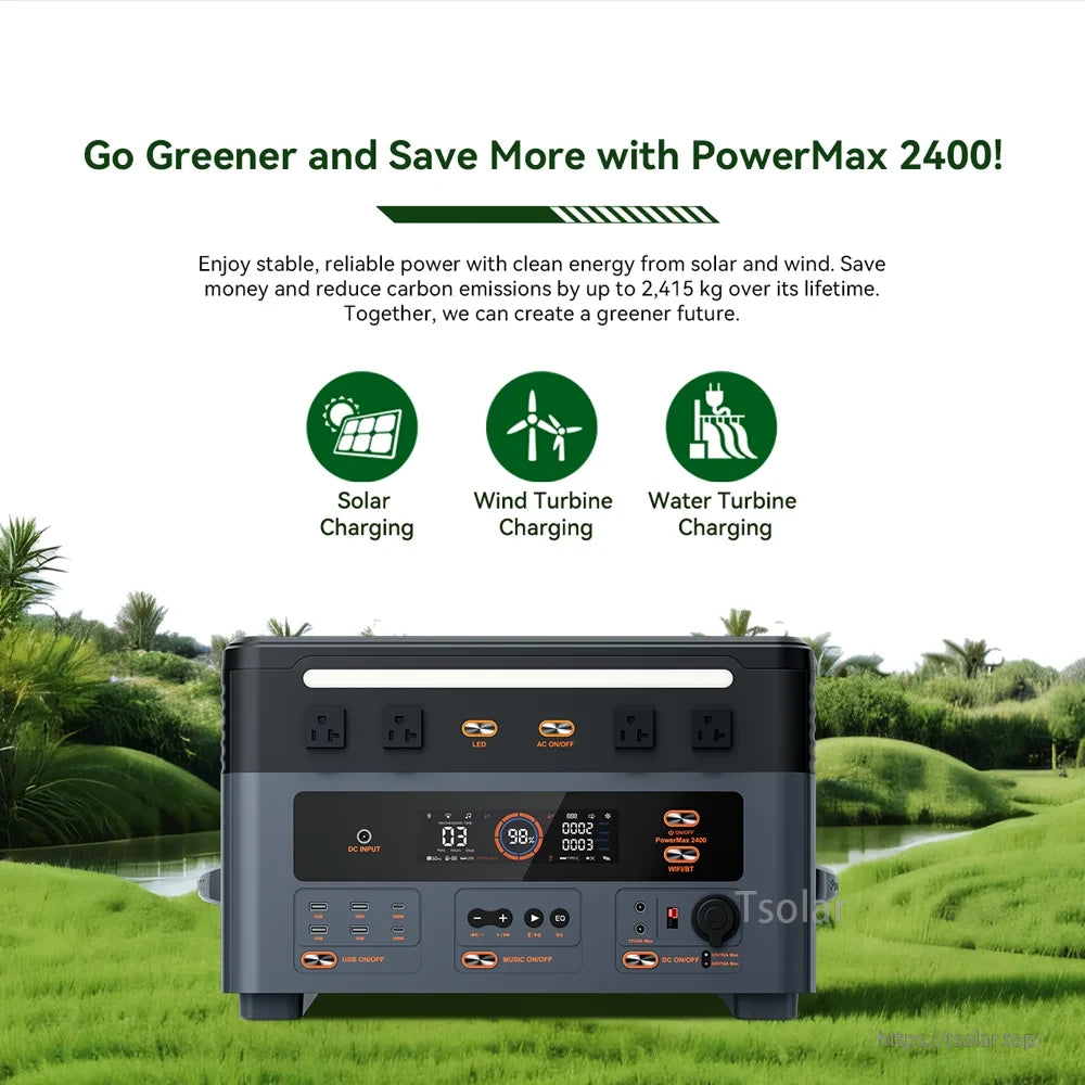 OSCAL PowerMax 2400, PowerMax 2400 offers sustainable energy via solar, wind, and water charging, cutting emissions by 2,415 kg—reliable, eco-friendly power for a cleaner future.