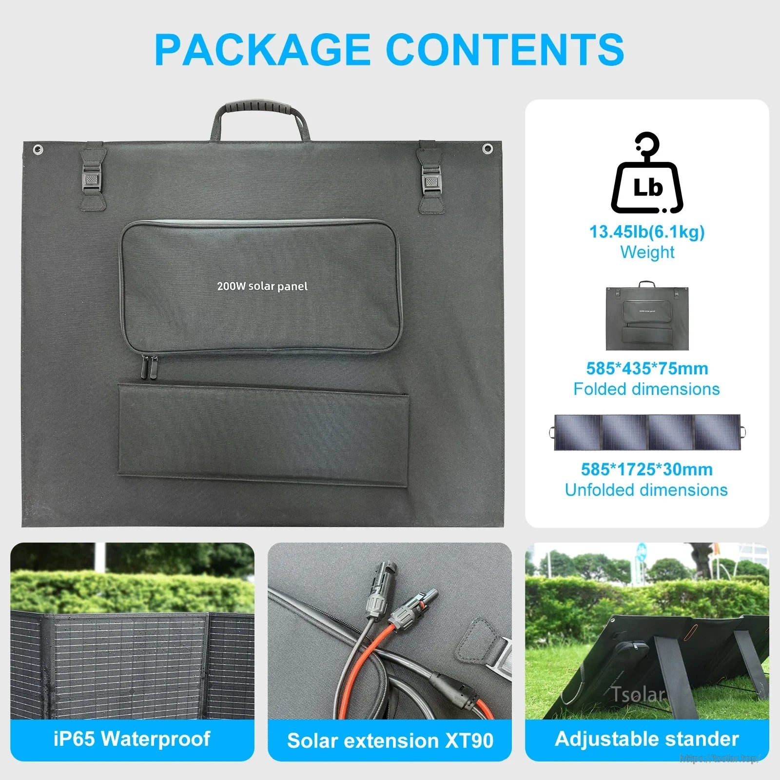 OSCAL PowerMax 2400, 200W solar panel, 13.45lb, IP65 waterproof, XT90 connector, adjustable stand; includes folded and unfolded dimensions for portability and durability.