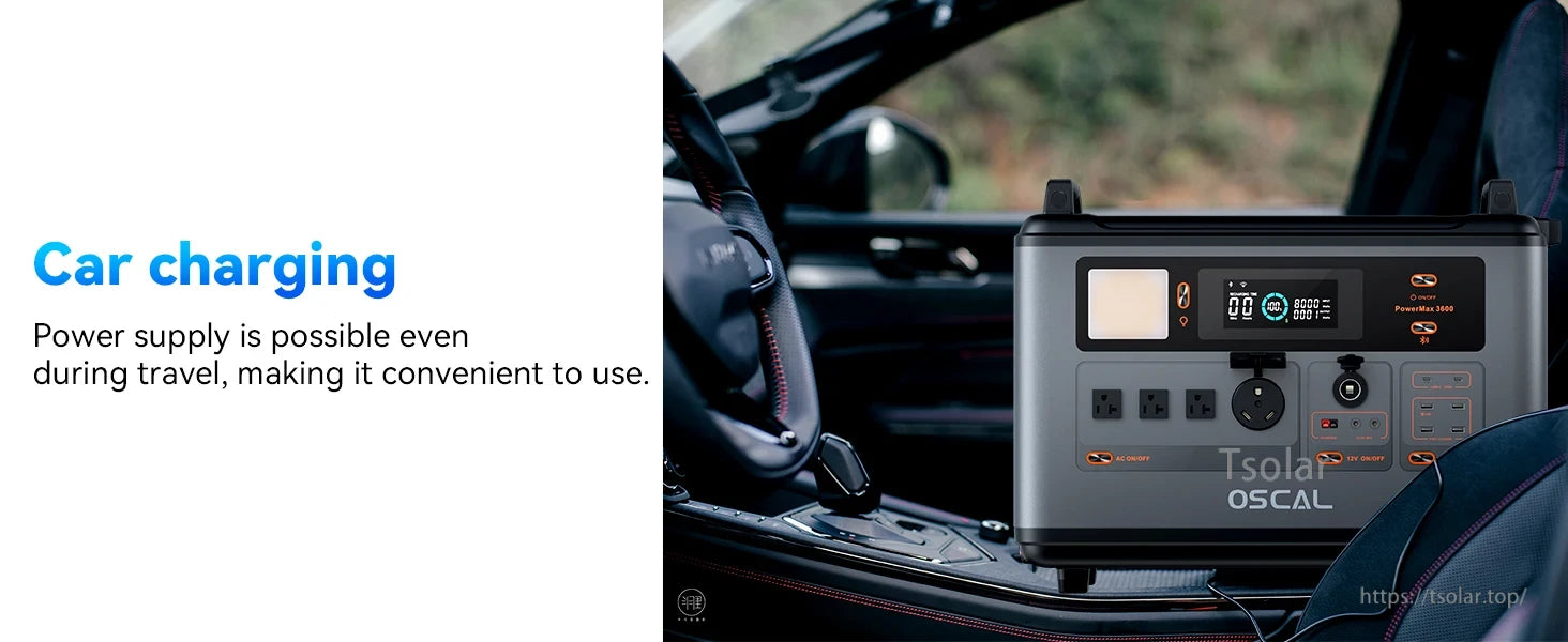 OSCAL PowerMax 3600 Rugged Power Station, Car charging enables power supply during travel, convenient for use. OSCAL PowerMax 3600.