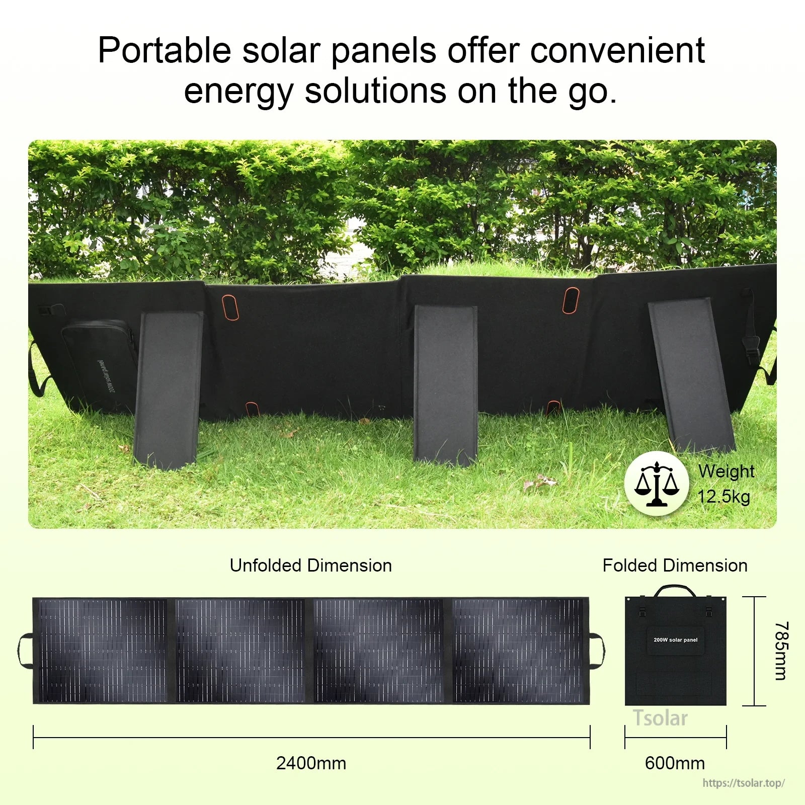 OSCAL PowerMax 6000, 200W portable solar panel weighs 12.5kg, unfolds to 2400mm, folds to 600x785mm for easy transport and storage.