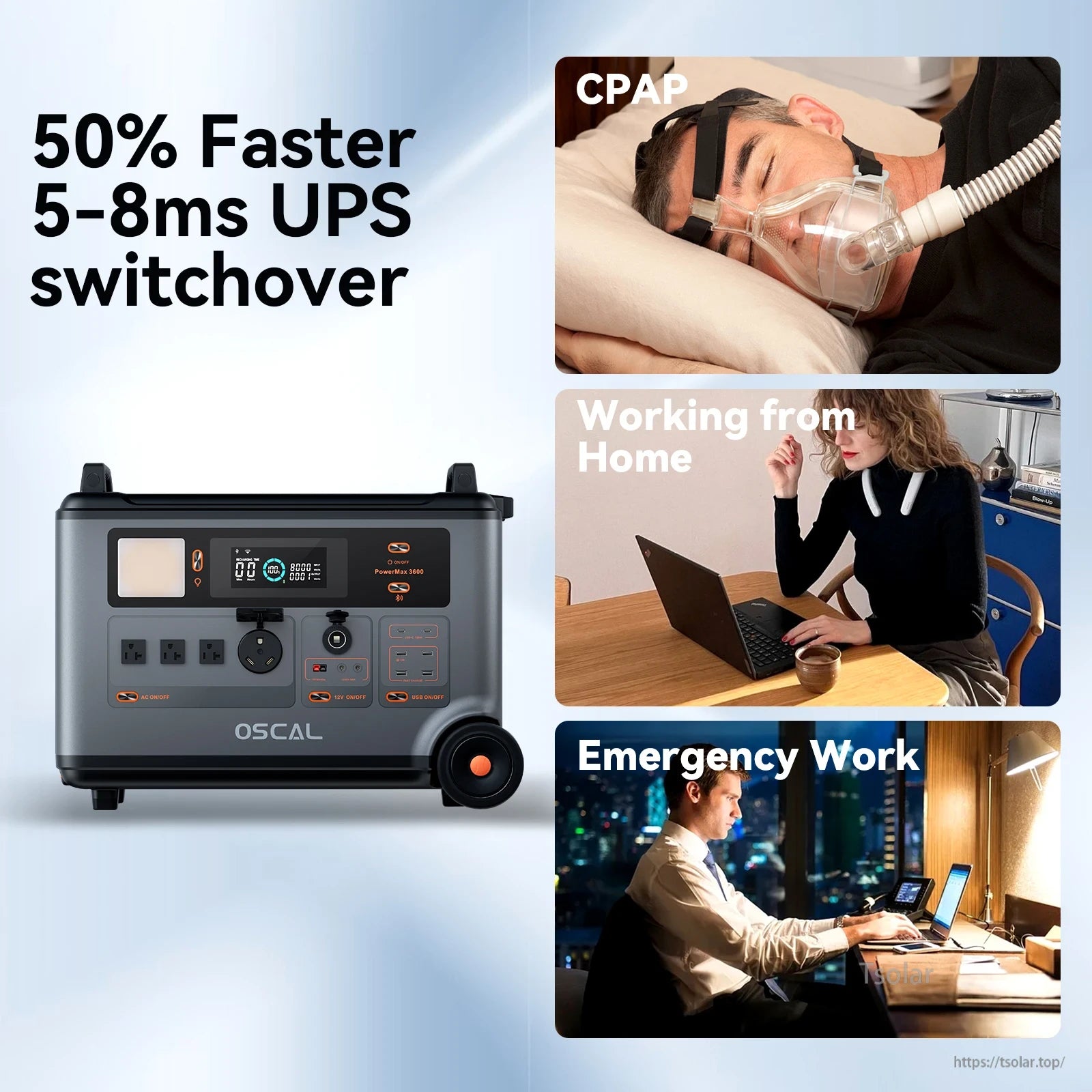 OSCAL PowerMax 6000 Power Station, OSCAL PowerMax 6000 offers 50% faster charging, 5-8ms UPS switchover, ideal for CPAP, home office, and emergencies.