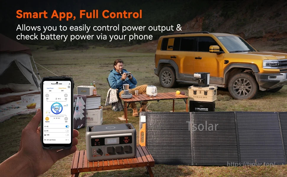 OSCAL PowerMax1800 1024Wh Portable Power Station, Smart app manages power and battery; portable station with solar panels for outdoor use. (14 words)