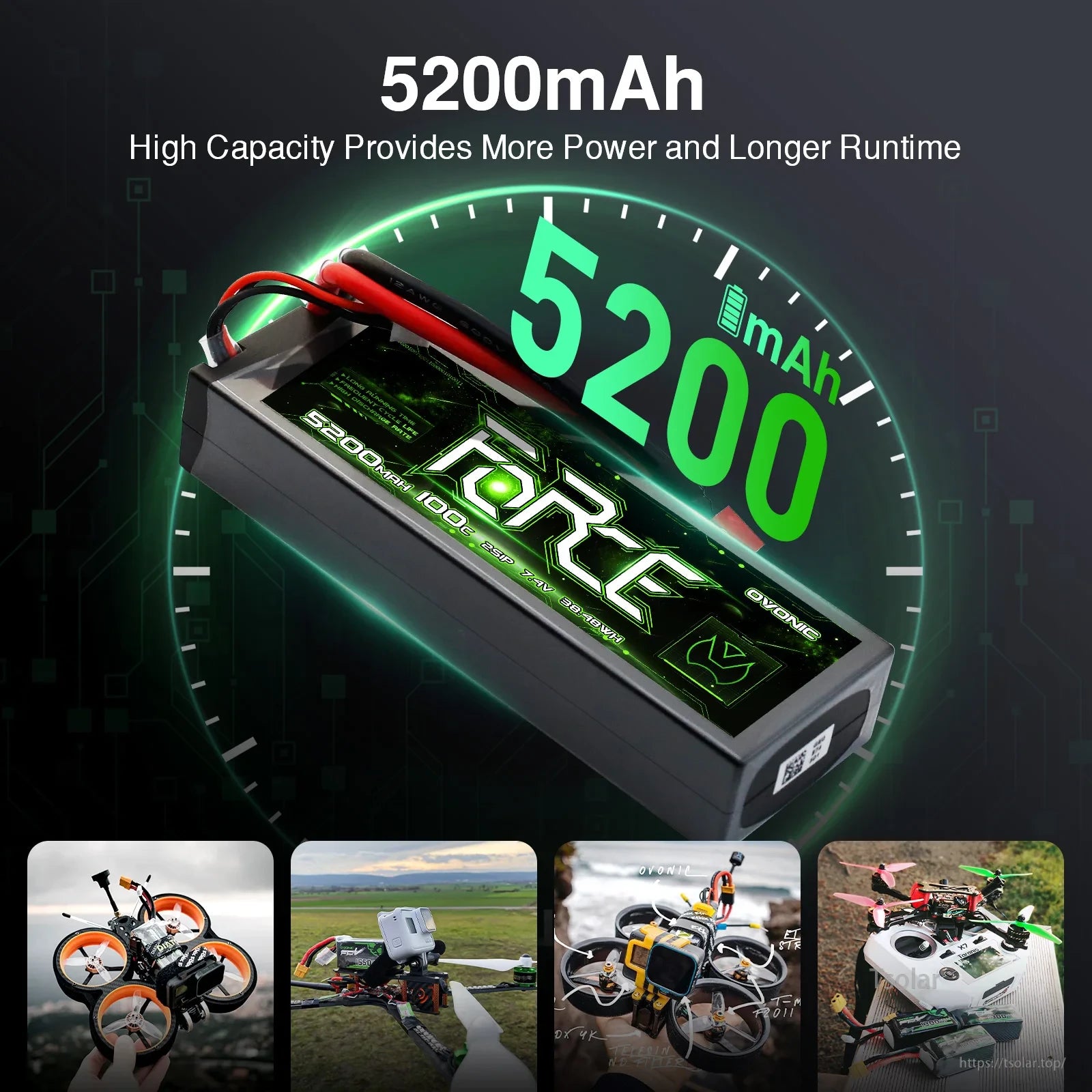 OVONIC Lipo Battery, 5200mAh 7.4V LiPo battery with 100C discharge, 38.48Wh capacity; compact, high-performance power for drones and RC vehicles, ensuring extended runtime.