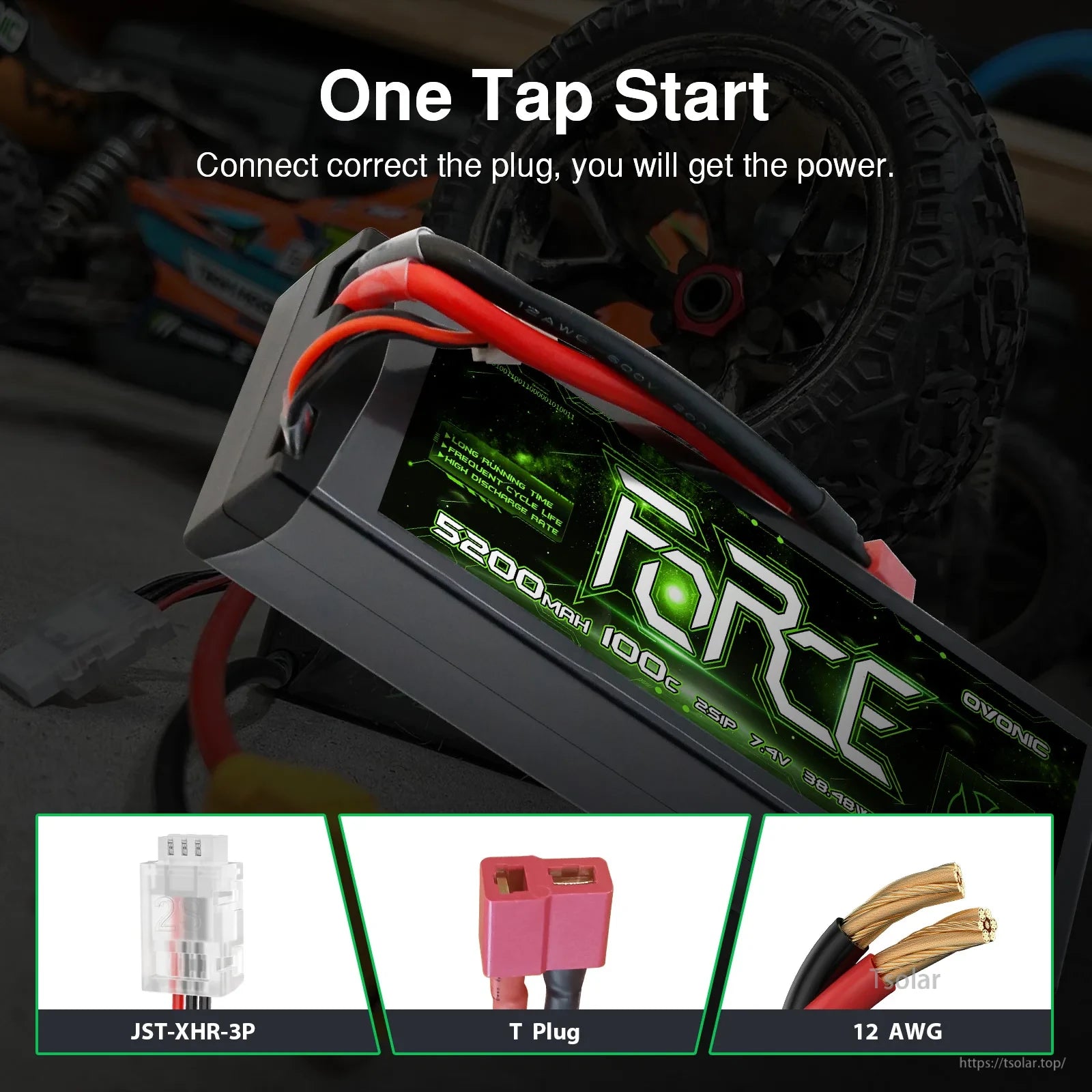 OVONIC Lipo Battery, OVONIC 5200mAh 2S LiPo battery, 7.4V, 100C, with one-tap start, JST-XHR-3P, T Plug, and 12 AWG wires for reliable, high-performance power delivery.