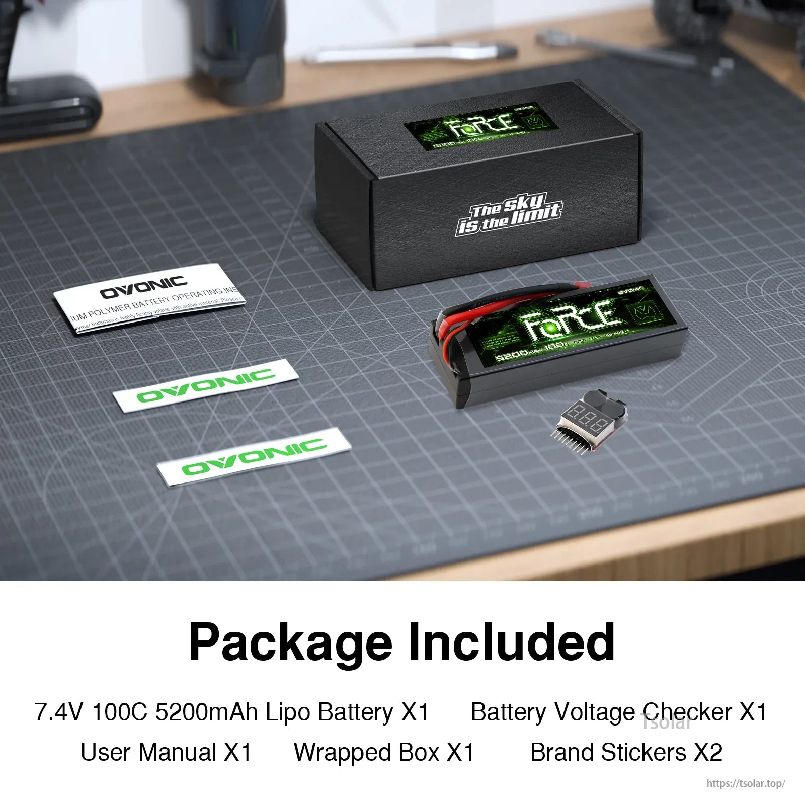OVONIC Lipo Battery, OVONIC 7.4V 100C 5200mAh LiPo battery with voltage checker, manual, box, stickers, "FORCE" branding, "The sky is the limit" slogan, instructions, and safety warnings.