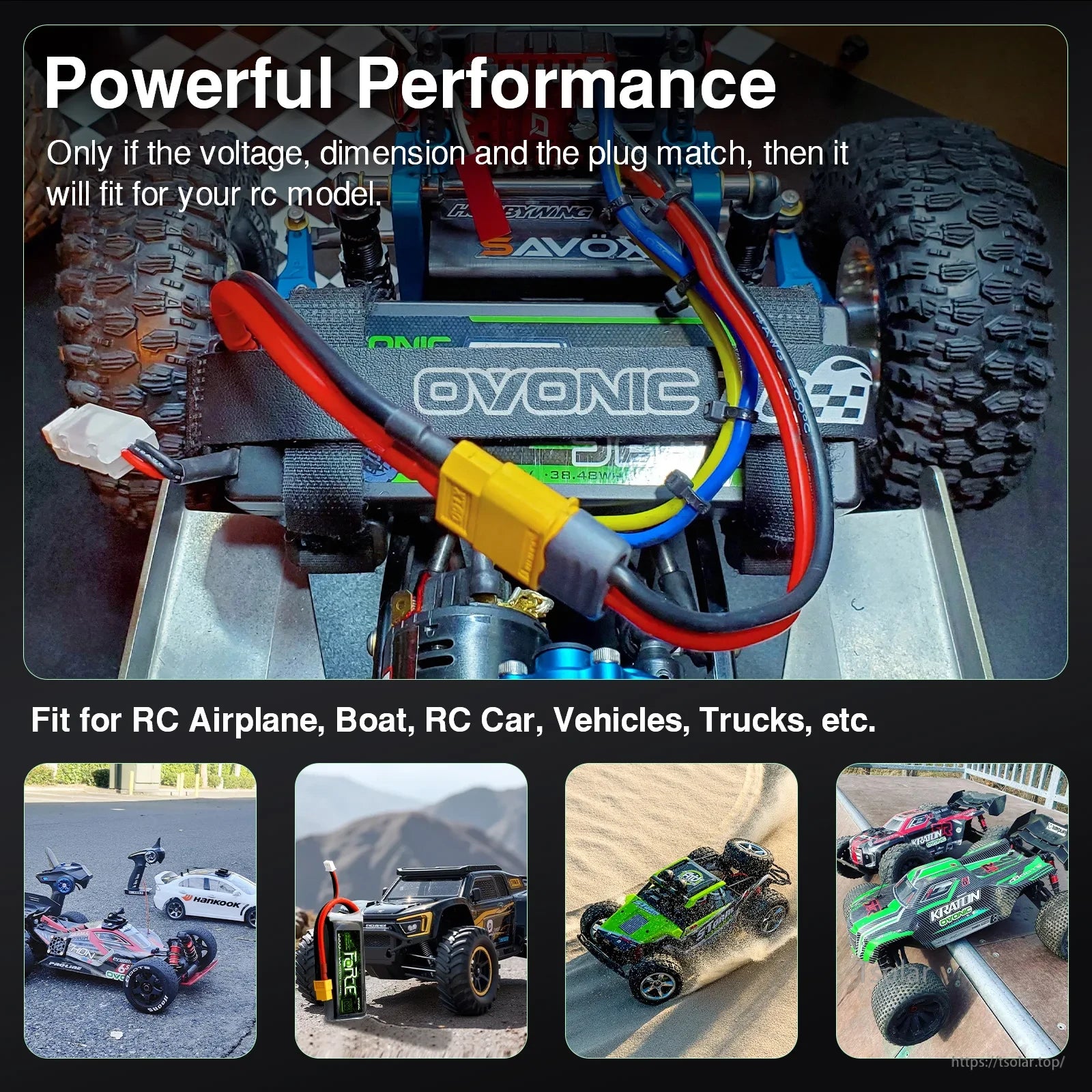 OVONIC Lipo Battery offers reliable performance, compatible voltage, size, and plug for RC airplanes, boats, cars, trucks, and various vehicles.