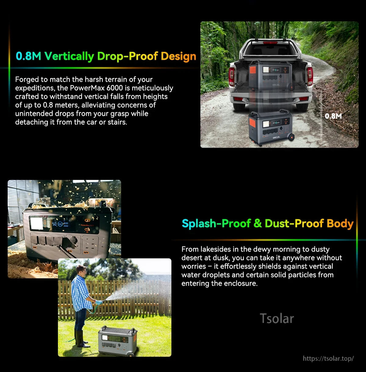 Oscal Blackview 6000W Power Station, PowerMax 6000 is durable, drop-, splash-, and dust-proof, designed for reliable outdoor power in harsh conditions. (17 words)
