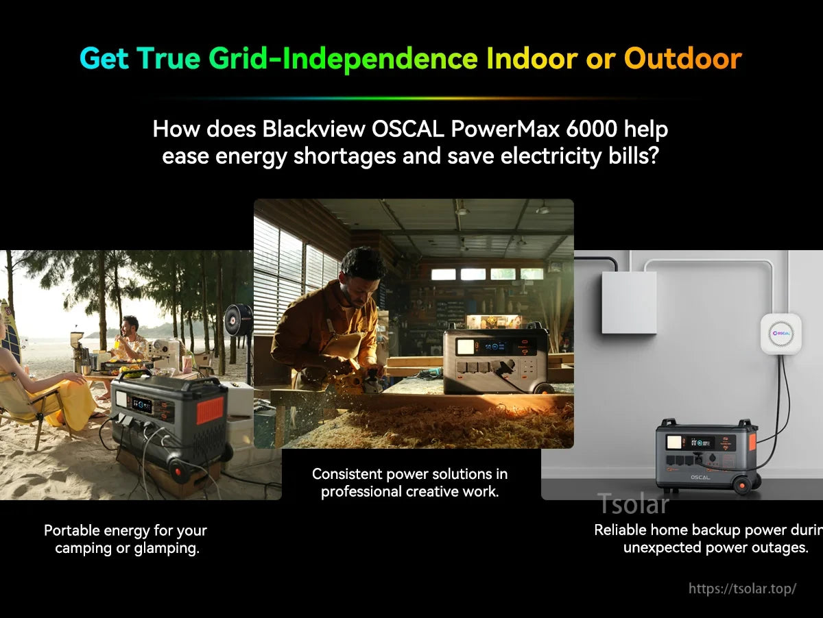 Oscal Blackview 6000W Power Station, Blackview OSCAL PowerMax 6000 offers portable, reliable power for camping, outages, and creative work, enabling grid independence both indoors and outdoors. (24 words)