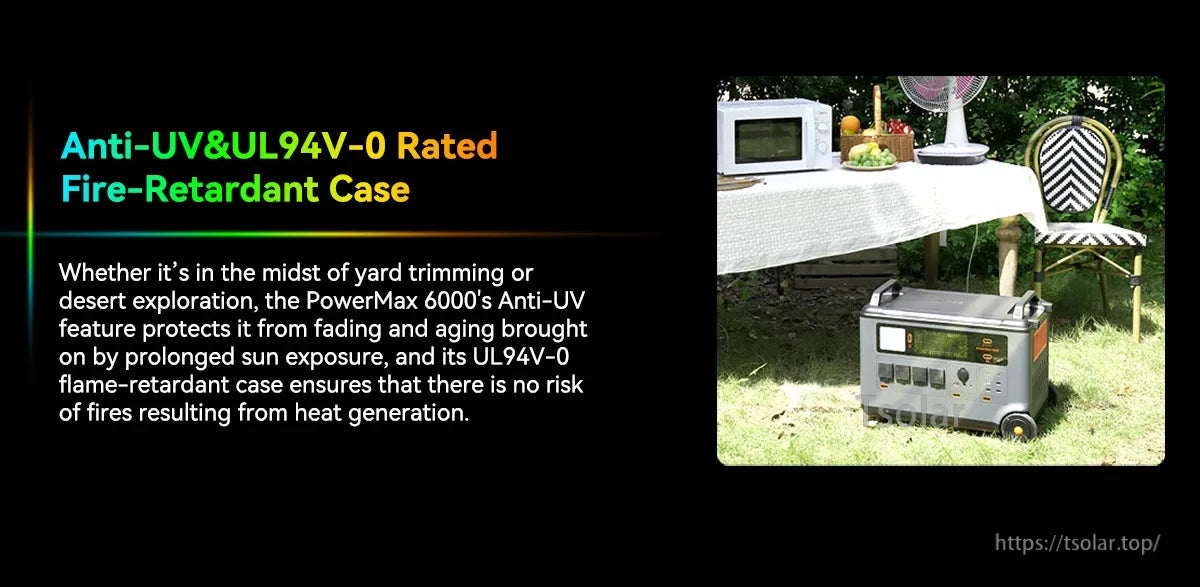 Oscal Blackview 6000W Power Station, UV-resistant, fire-retardant case protects PowerMax 6000 from sun damage and fire, ensuring durability and safety during outdoor use.