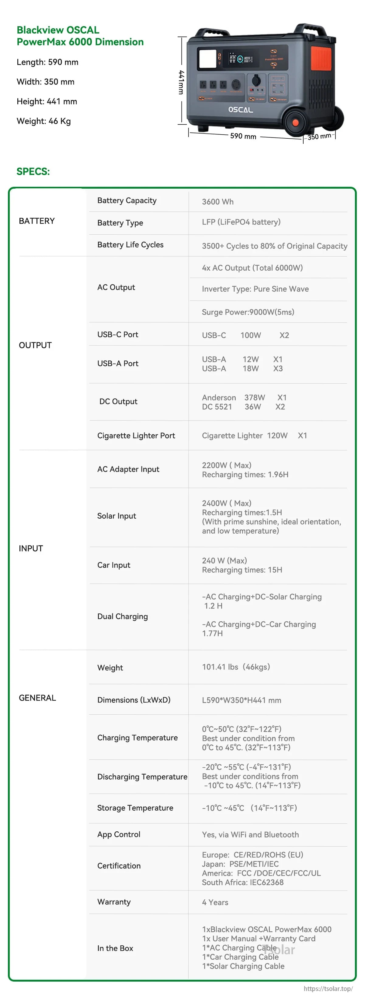Oscal Blackview 6000W Power Station, 6000Wh LFP battery, 6000W pure sine wave inverter, USB/DC ports, solar/car charging, app control via WiFi/Bluetooth, 4-year warranty. Dimensions: 590x350x441 mm, weight: 46 kg.
