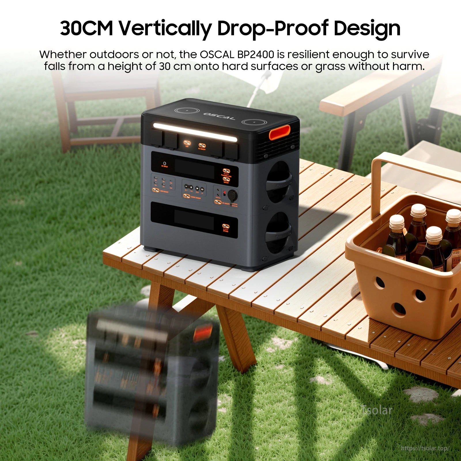Oscal PowerMax 2400 Portable Power Station, 30CM drop-proof, durable outdoor design, withstands falls on hard surfaces or grass.