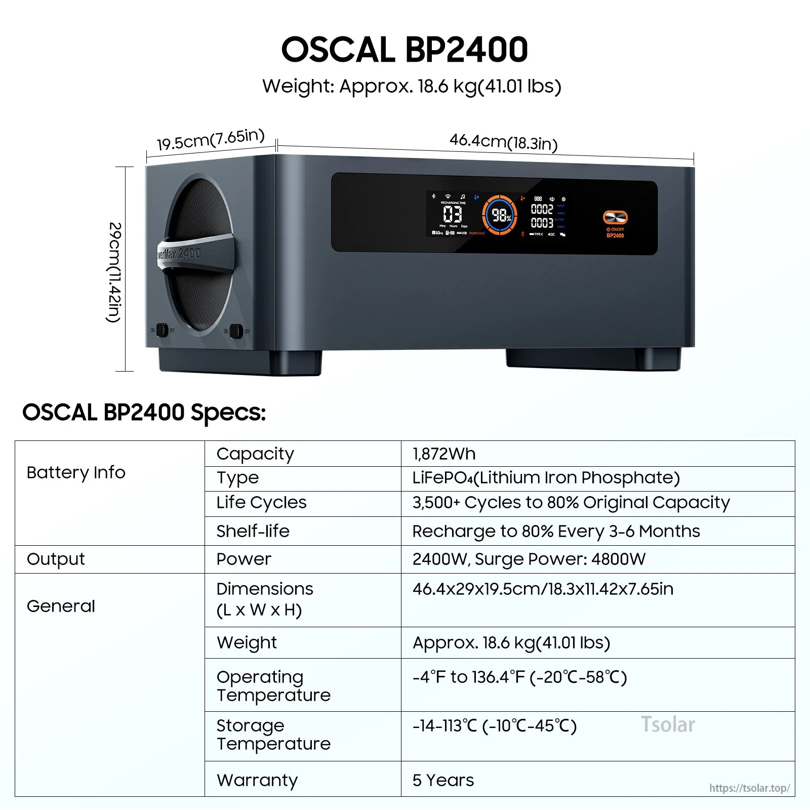 Oscal PowerMax 2400 Portable Power Station, The Oscal BP2400 is a lightweight, durable portable power station with 1,872Wh capacity, 2400W output, 4800W surge, wide temperature range, and a 5-year warranty.