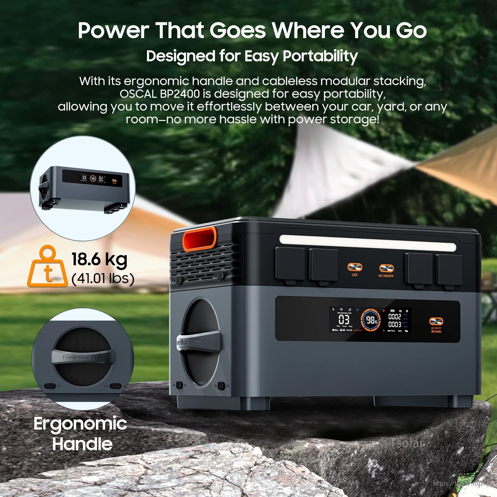 Oscal PowerMax 2400 Portable Power Station, The Oscal PowerMax 2400 is a 18.6 kg portable power station with an ergonomic handle, modular stacking, LED/AC outlets, digital display, and durable outdoor-ready design.