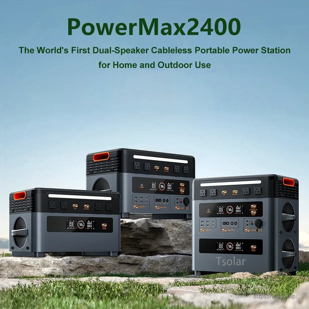 Oscal PowerMax 2400 Portable Power Station, Portable PowerMax2400 dual-speaker power station for home and outdoor use, featuring a cableless design.