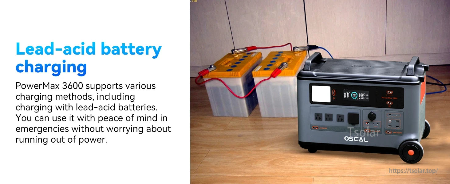 Oscal PowerMax 3600 Power Station, Oscal PowerMax 3600 charges lead-acid batteries, providing reliable emergency power through multiple charging methods.