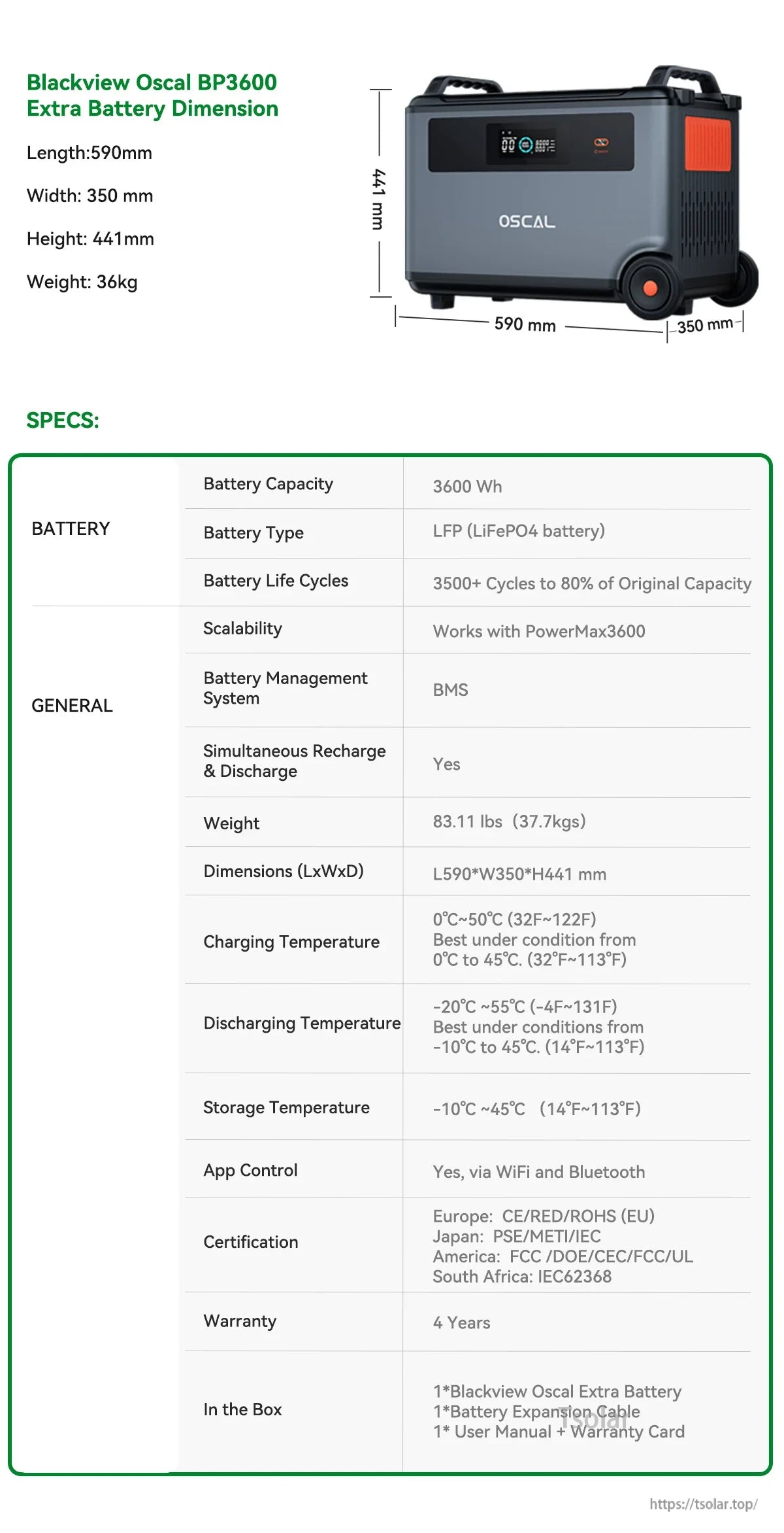 Oscal PowerMax 3600 Power Station, 3600Wh LFP battery with 3500+ cycles, BMS, WiFi/Bluetooth control, simultaneous charge/discharge. Compact size, 4-year warranty, includes expansion cable.