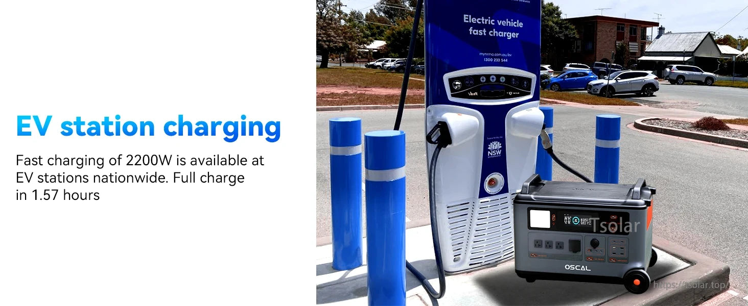 Oscal PowerMax 3600 charges at an EV fast charging station.