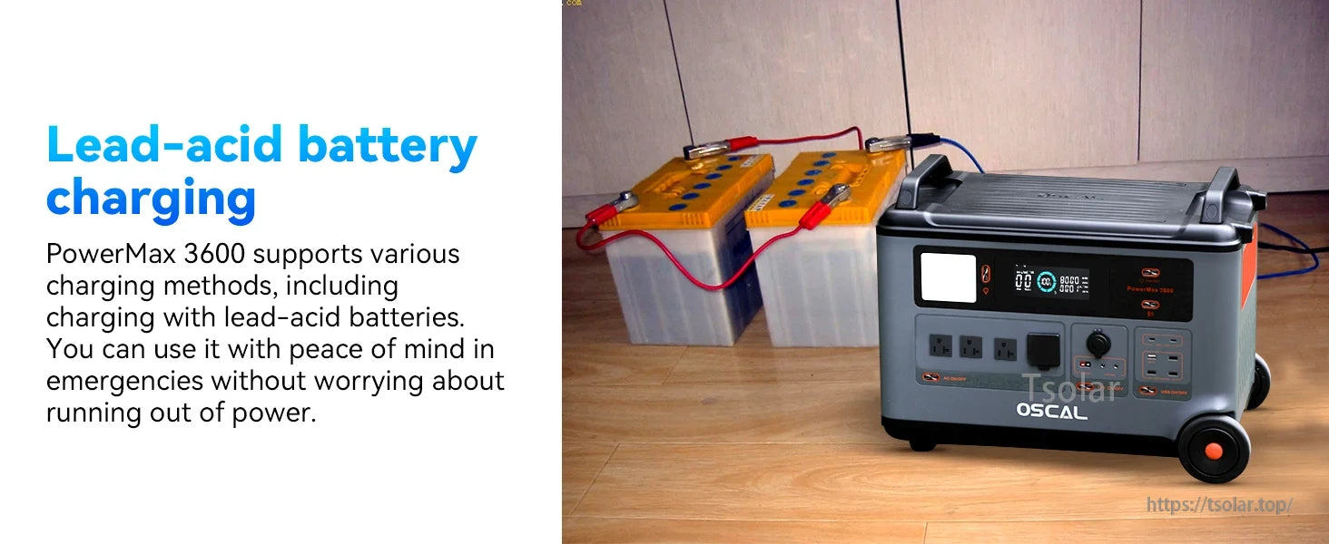 Oscal PowerMax 6000 Power Station, Oscal PowerMax 3600 charges lead-acid batteries, providing dependable emergency power support. (16 words)