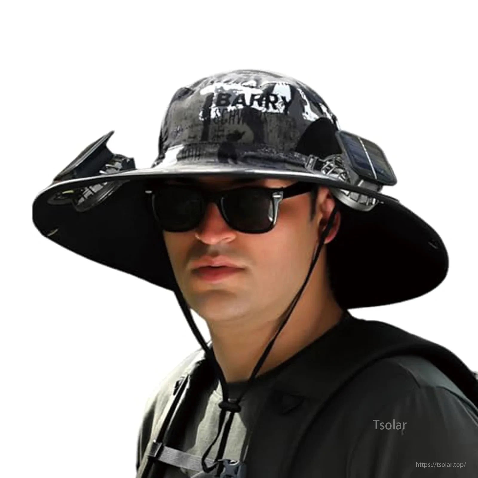 Outdoor Wide Brim Solar Fan Hat, A breathable, lightweight hat made from nylon fabric, lightweight ABS, and PVC components, offering sweat absorption, heat dissipation, and quiet fan operation.