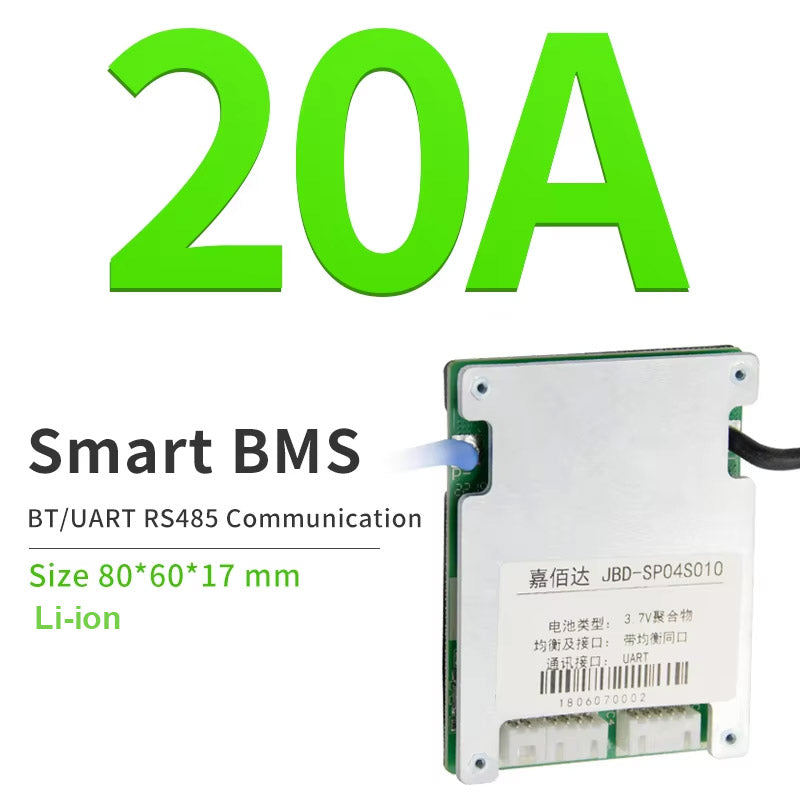 20A smart BMS product graphic with BT/UART RS485 communication and size 80×60×17 mm (Li-ion)