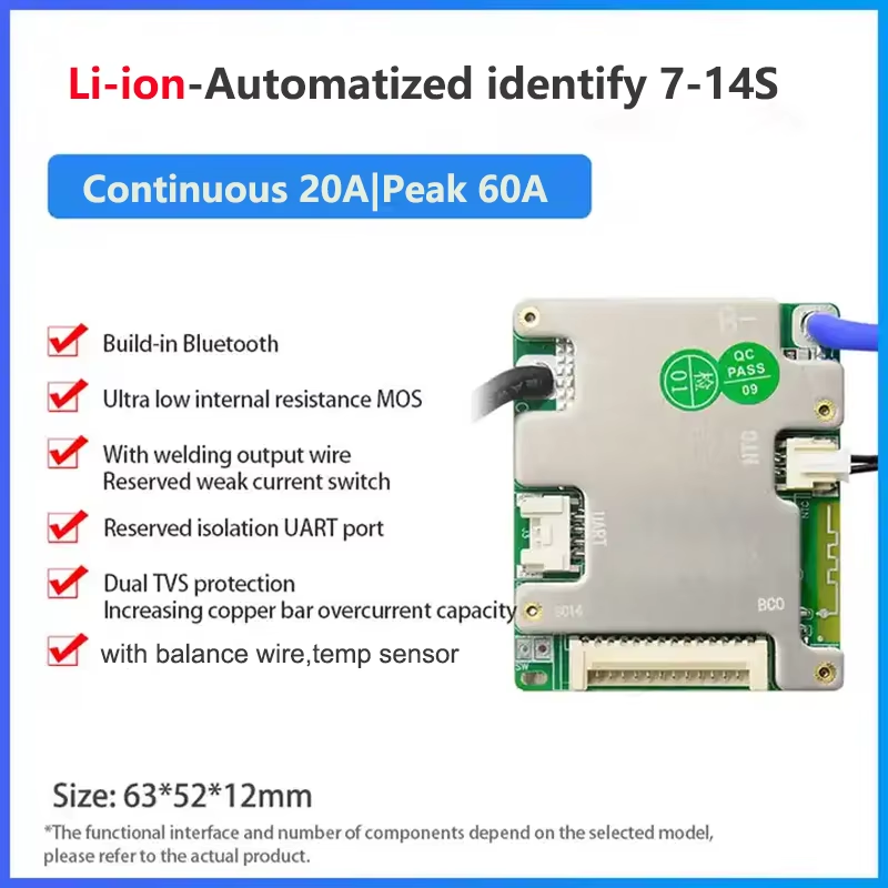Li-ion 7-14S BMS feature poster with 20A continuous, 60A peak and size 63×52×12mm