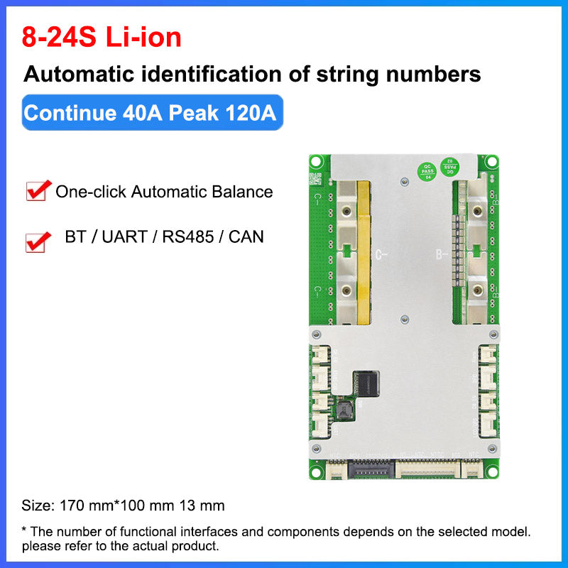 8–24S Li-ion automatic string identification graphic, continuous 40A peak 120A with interface list