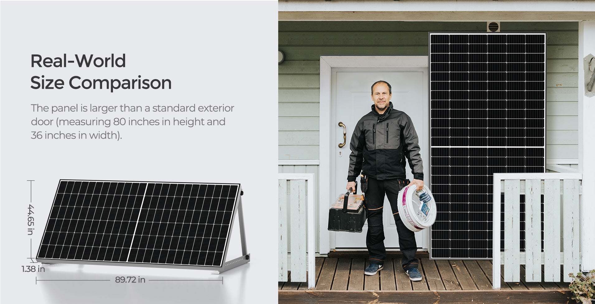 Renogy 550 Watt Solar Panel, Large solar panel measures 80x36 inches, comparable to a standard exterior door.