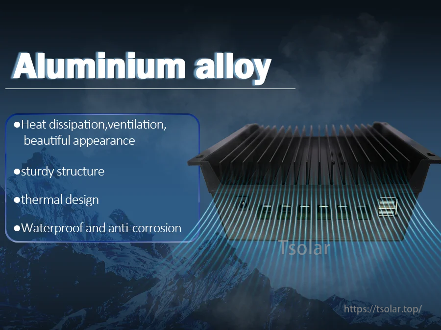 Aluminum alloy backplate and heat-sink fins on POWLSOJX SY charge controller for ventilation and heat dissipation