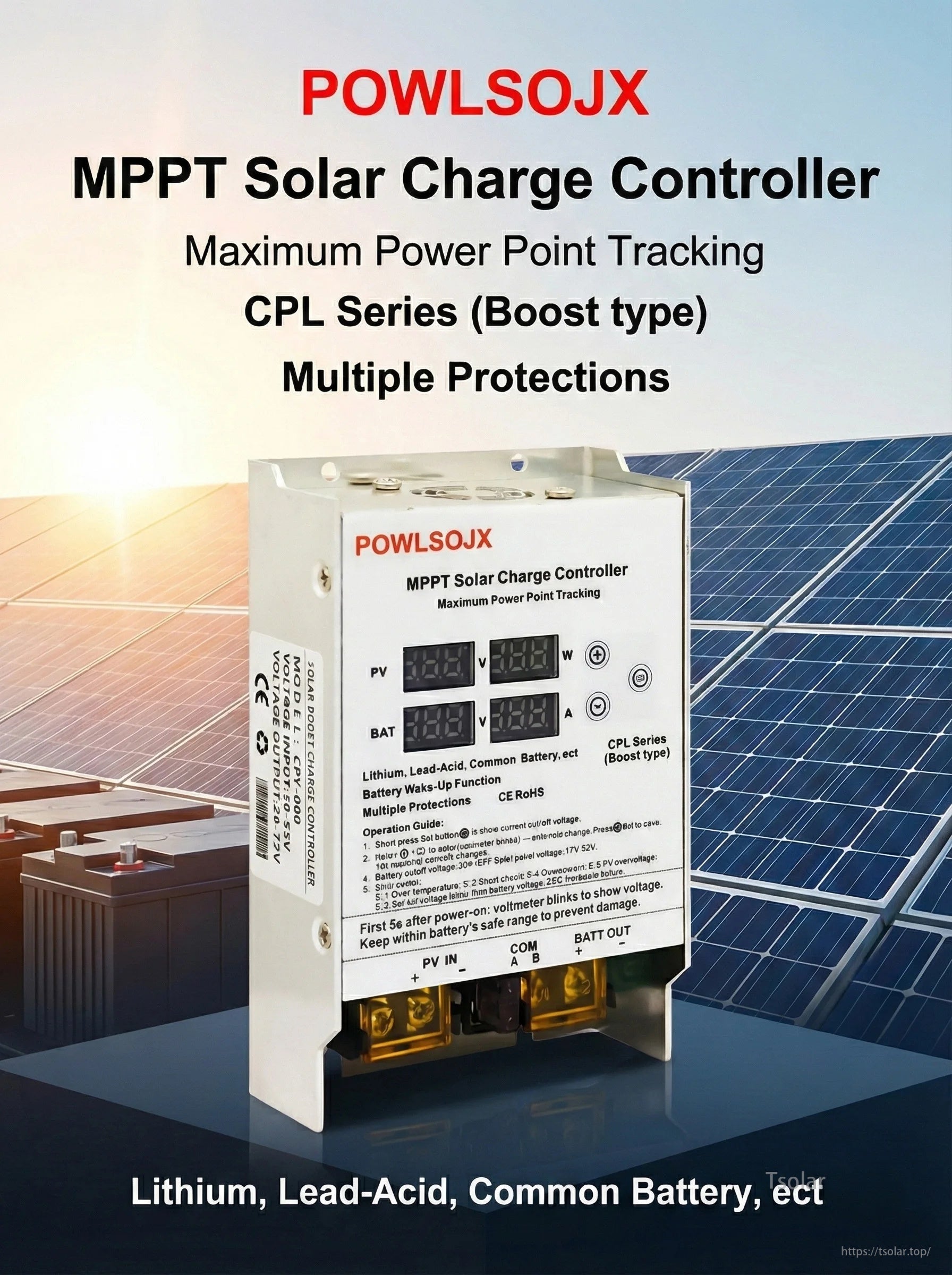 POWLSOJX CPL series MPPT boost solar charge controller product photo for lithium, lead-acid and common battery types