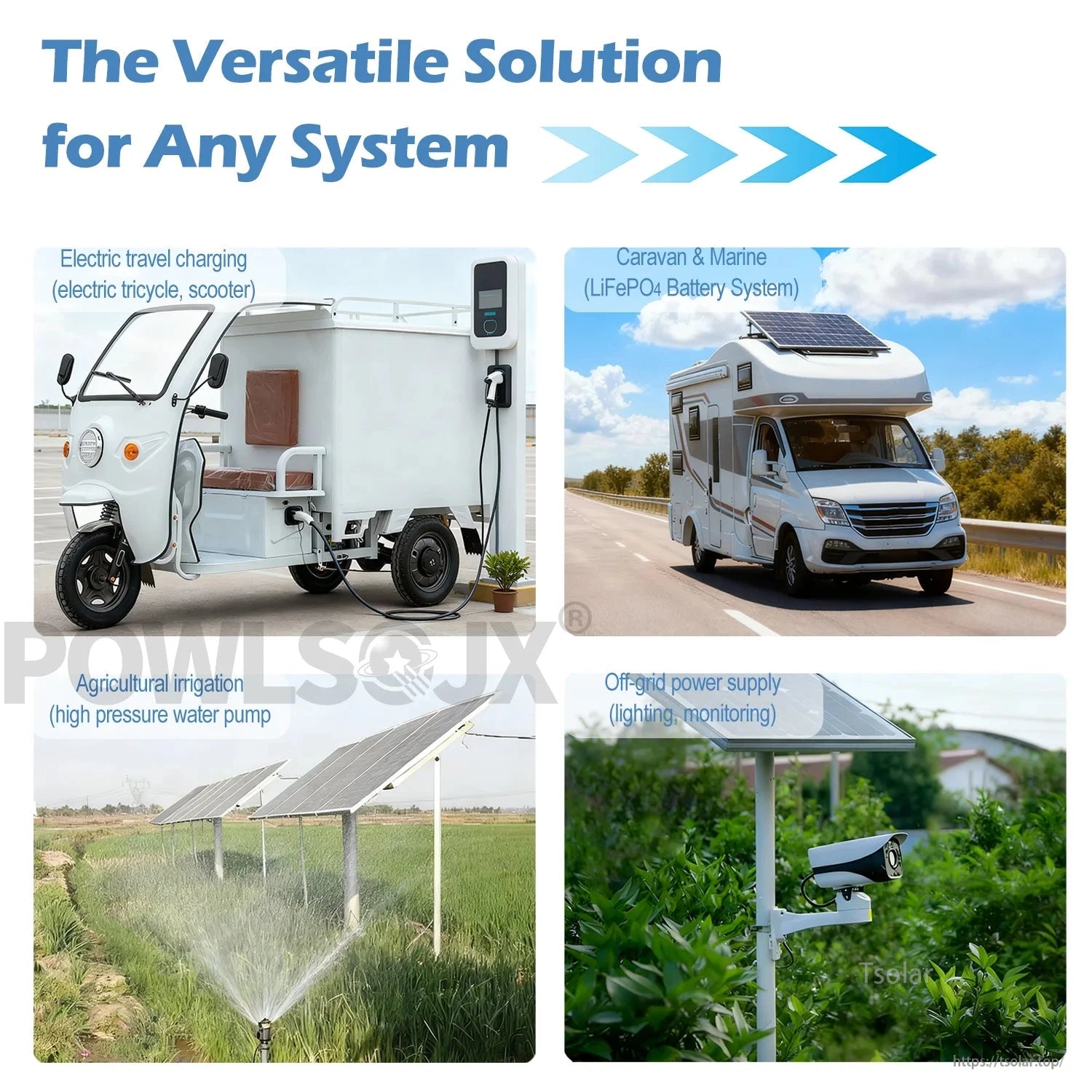 Solar charge controller use cases: e-trike charging, caravan/marine system, irrigation pump, off-grid lighting