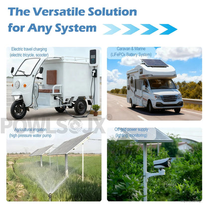 Solar charge controller use cases: e-trike charging, caravan/marine system, irrigation pump, off-grid lighting