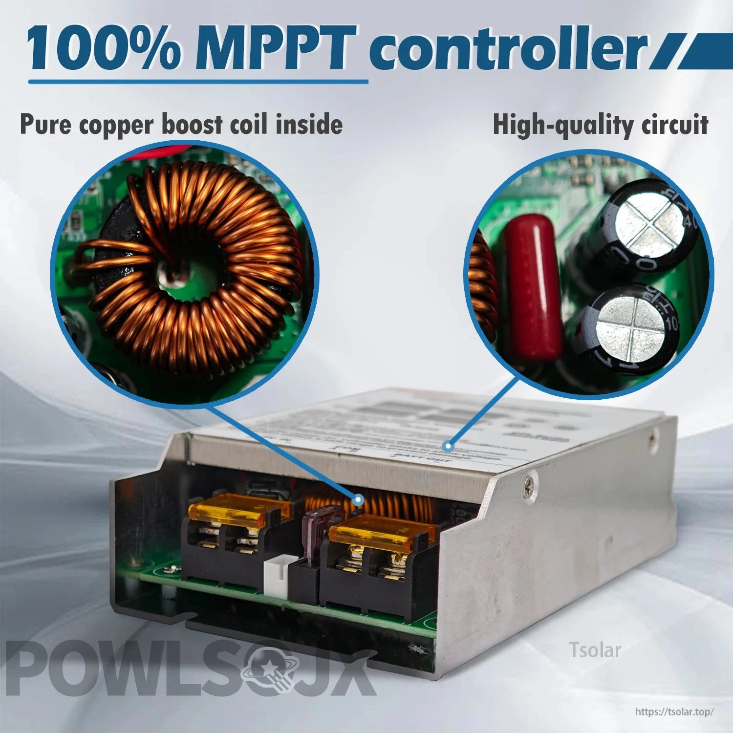 Internal view of MPPT boost controller showing copper inductor coil and circuit capacitors close-up