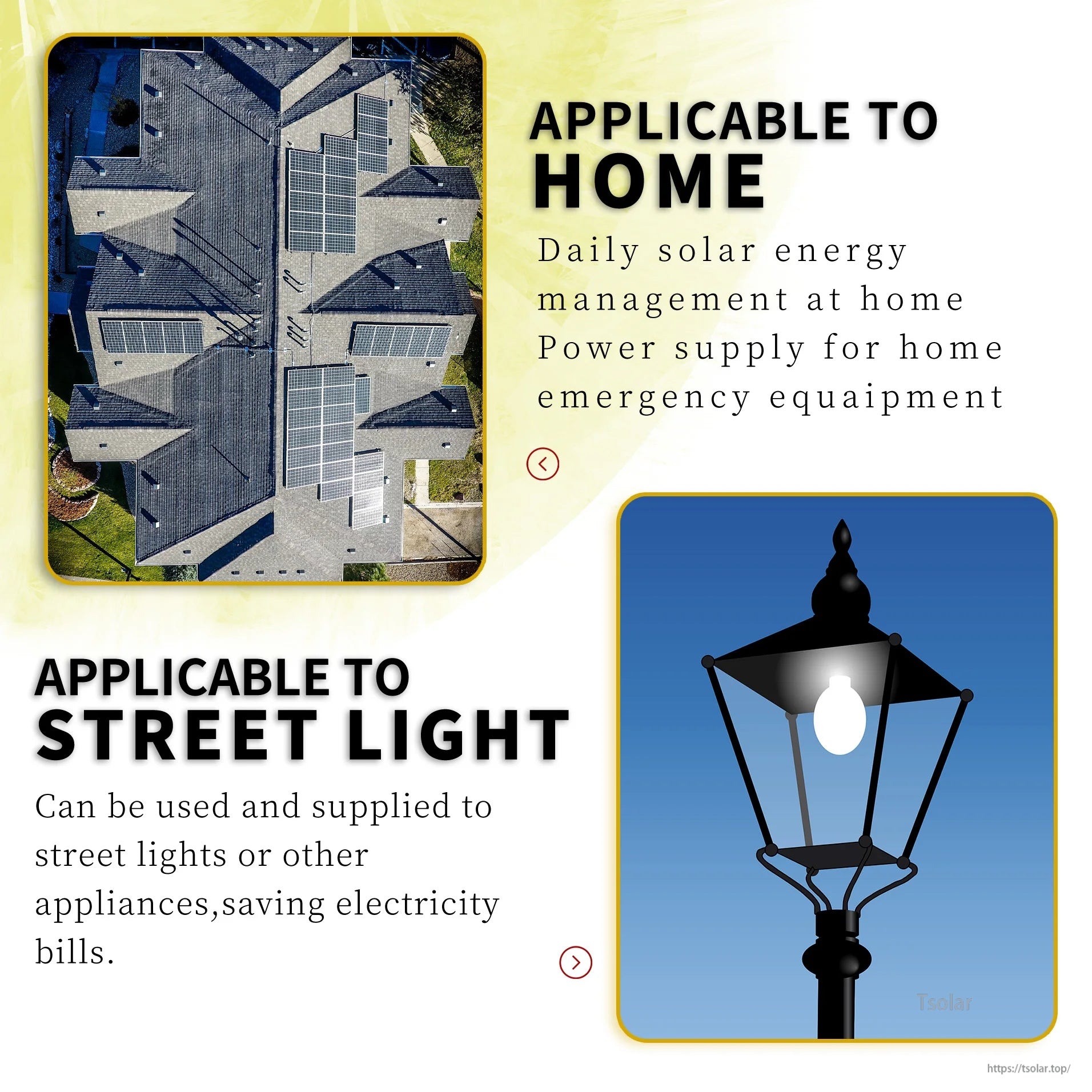 Application examples for home solar energy management and street light power supply