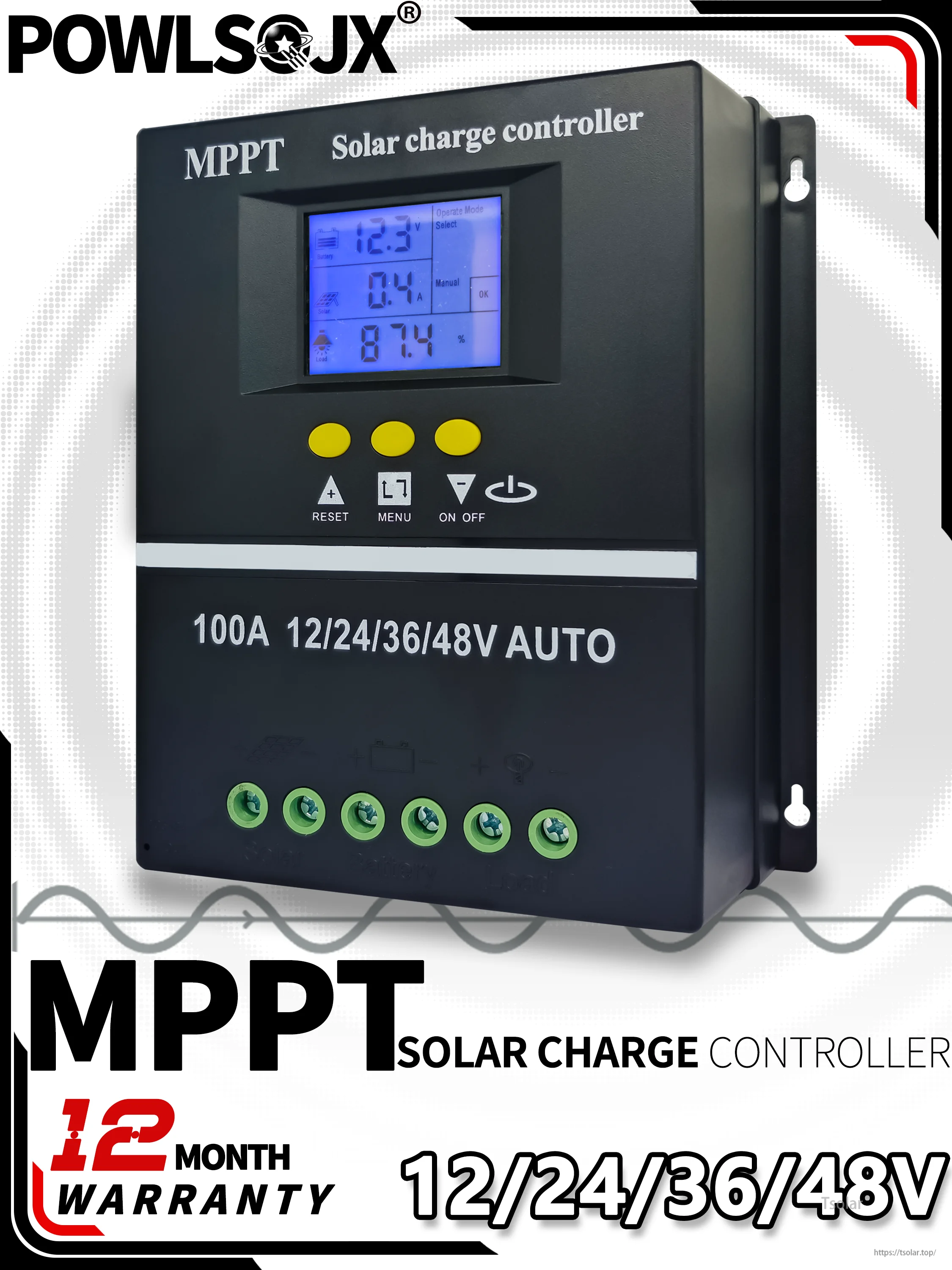 POWLSOJX MPPT Solar Charge Controller 100A with LCD display, dual USB, and 12/24/36/48V auto detection