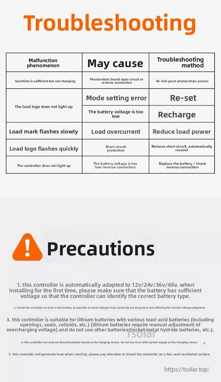 Troubleshooting table and safety precautions for the MPPT solar charge controller