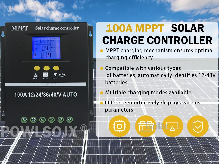100A MPPT solar charge controller feature overview with LCD parameter display and multi-battery support