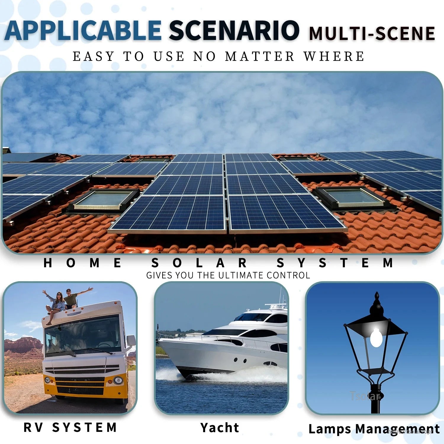 Applicable scenario graphic for solar system use: home rooftop panels, RV system, yacht and lamps management