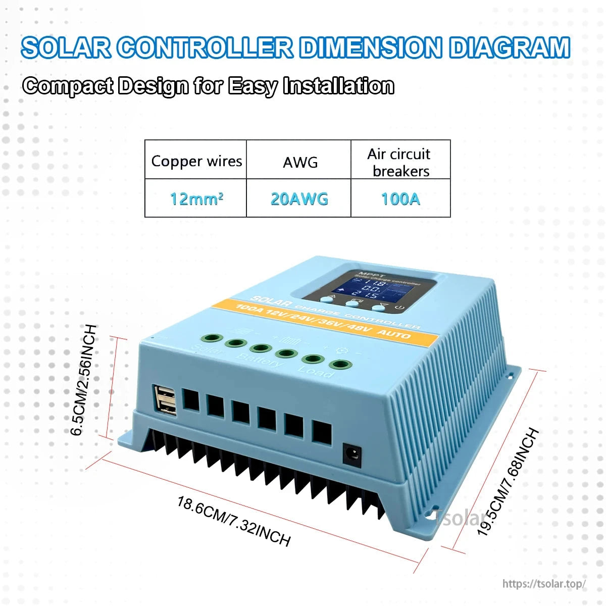 POWLSOJX MPPT solar charge controller dimension diagram with overall size and wiring/AWG reference