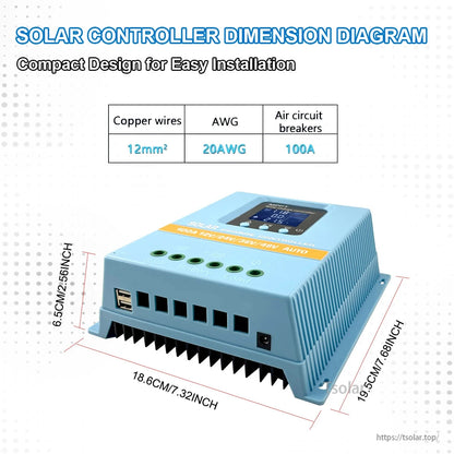 POWLSOJX MPPT solar charge controller dimension diagram with overall size and wiring/AWG reference