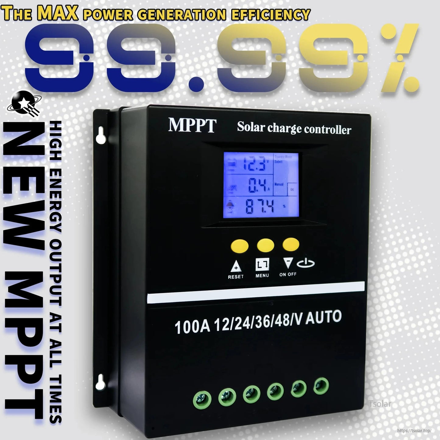 MPPT solar charge controller promotional graphic showing 99.99% efficiency claim and front display